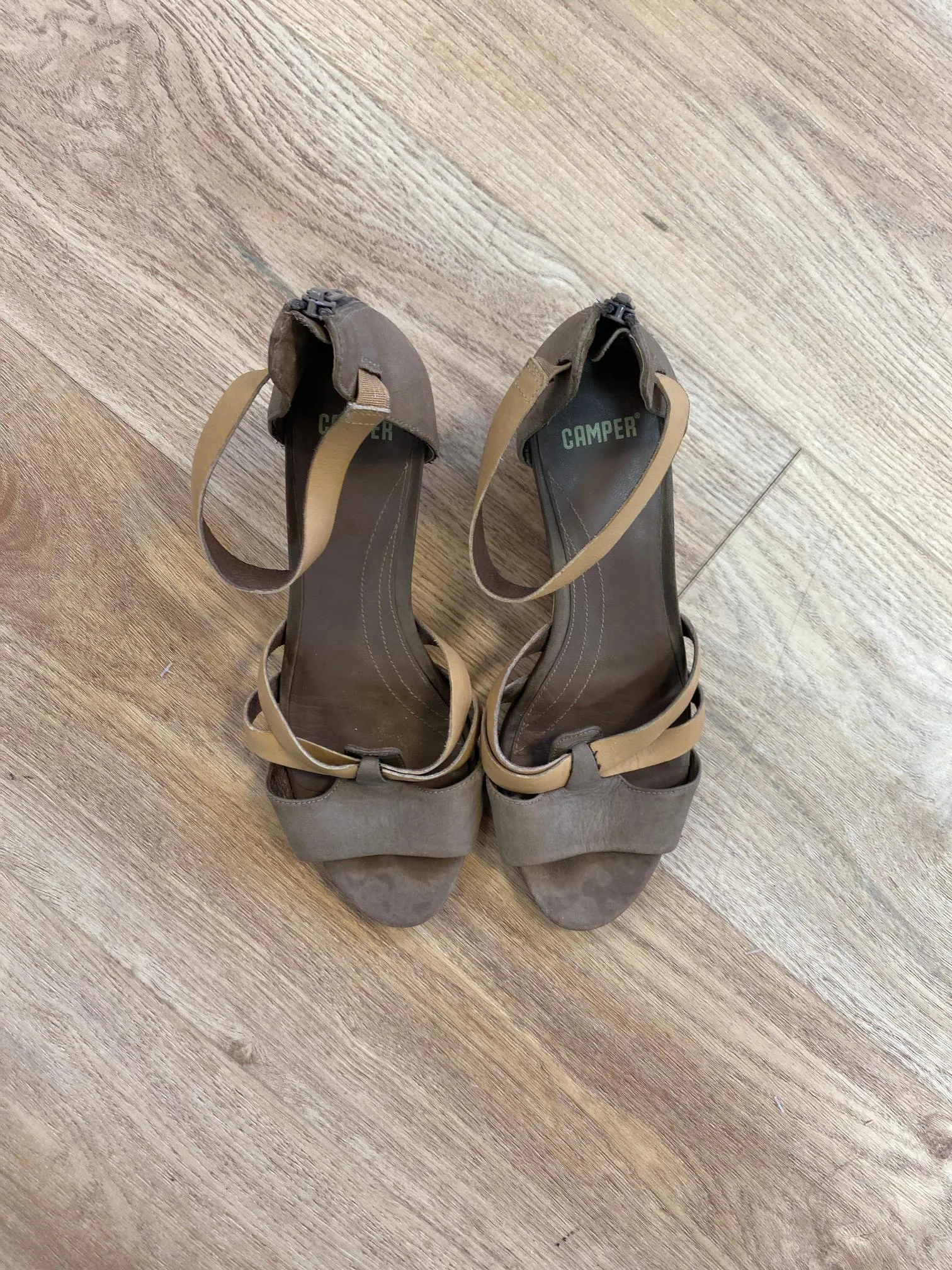 Brown and tan strappy wedges, Camper, Size 8