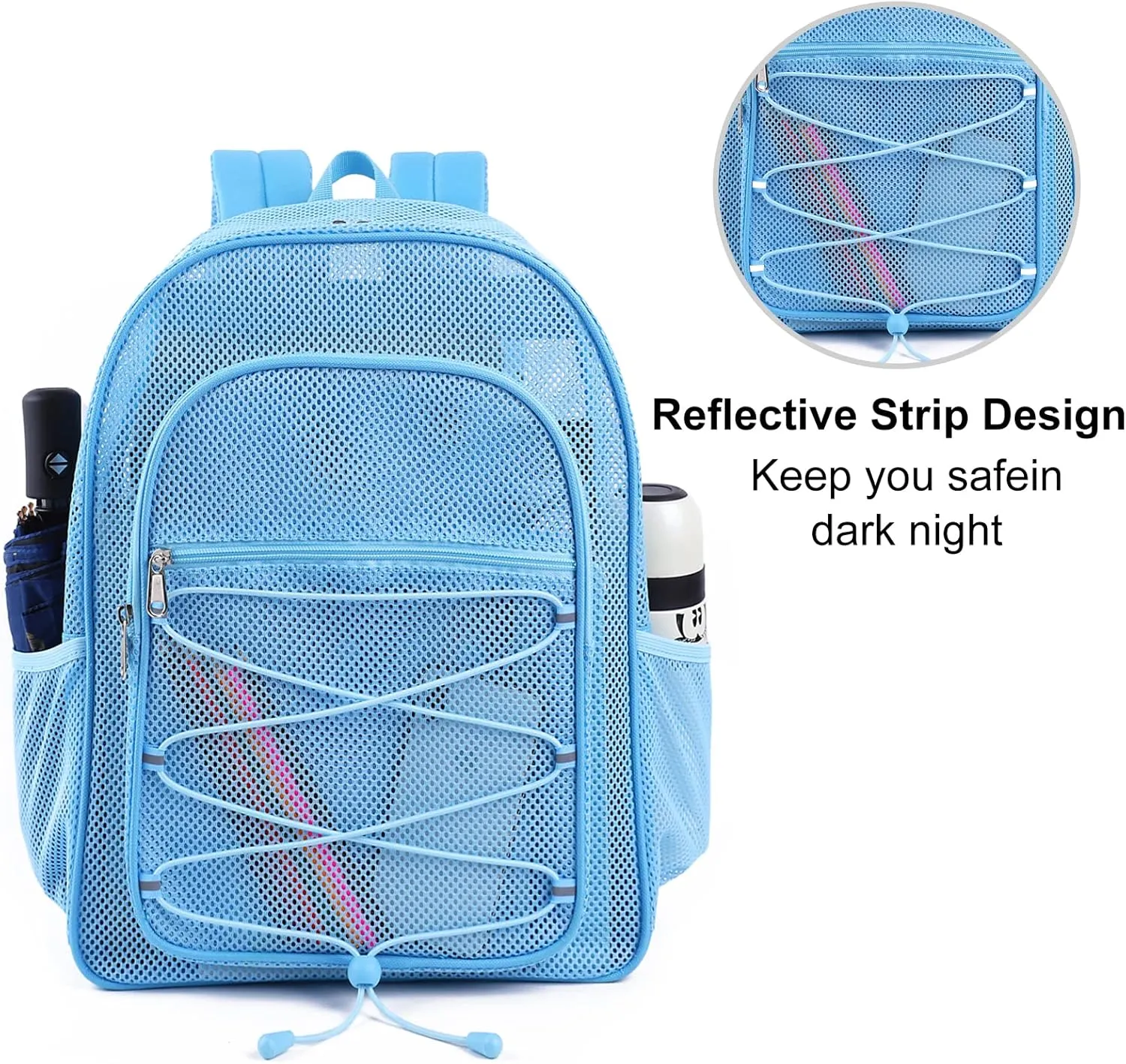 COVAX Heavy Duty Mesh Backpack, Semi-transparent Mesh Bookbag, See Through College Backpack with Bungee and Comfort Padded Straps for Commuting, Swimming, Beach, Outdoor Sports (Blue)