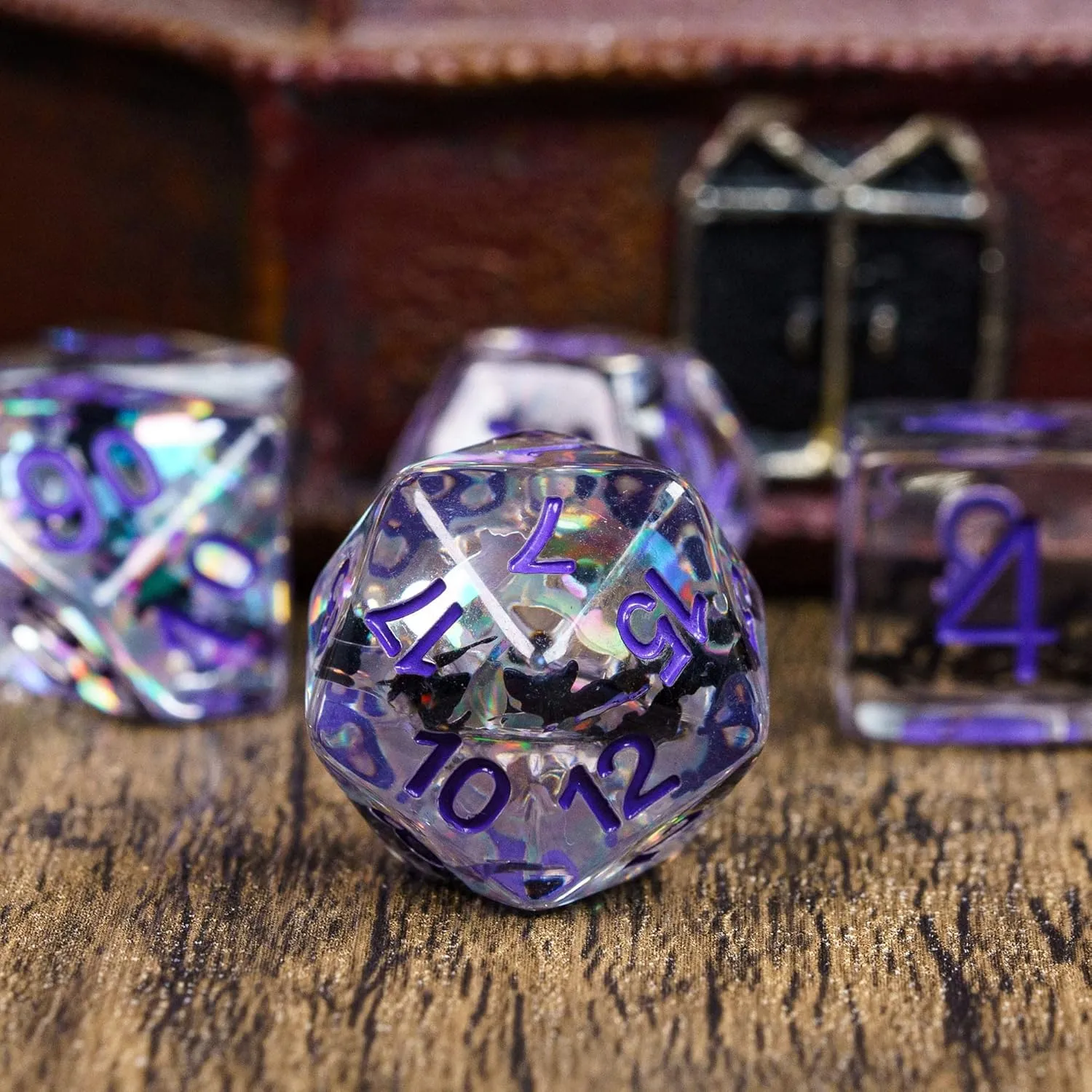 Cusdie 7-Die DND Dice, Polyhedral Dice Set Transparent D&D Dice Filled with Glitter Foil Animals for D&D Dungeons and Dragons RPGs Role Playing Table Games(Black and White Cat)