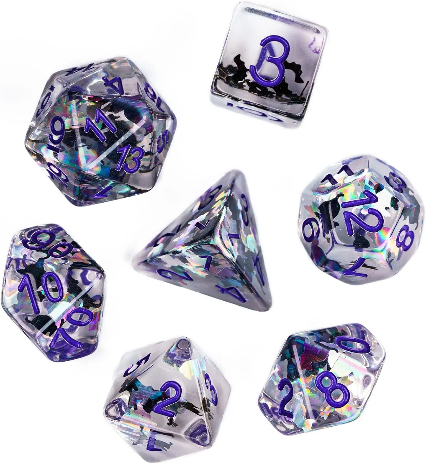 Cusdie 7-Die DND Dice, Polyhedral Dice Set Transparent D&D Dice Filled with Glitter Foil Animals for D&D Dungeons and Dragons RPGs Role Playing Table Games(Black and White Cat)