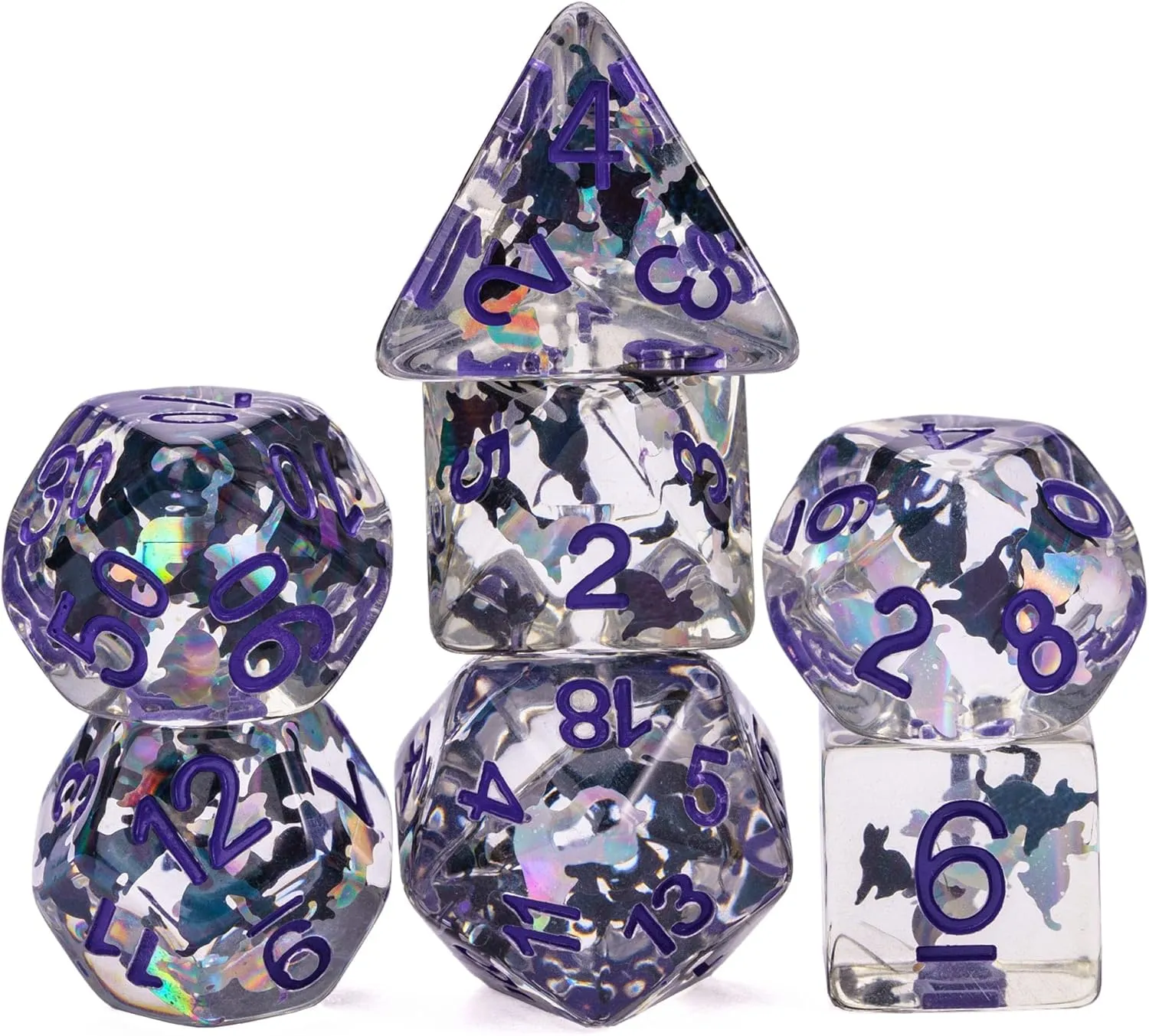 Cusdie 7-Die DND Dice, Polyhedral Dice Set Transparent D&D Dice Filled with Glitter Foil Animals for D&D Dungeons and Dragons RPGs Role Playing Table Games(Black and White Cat)