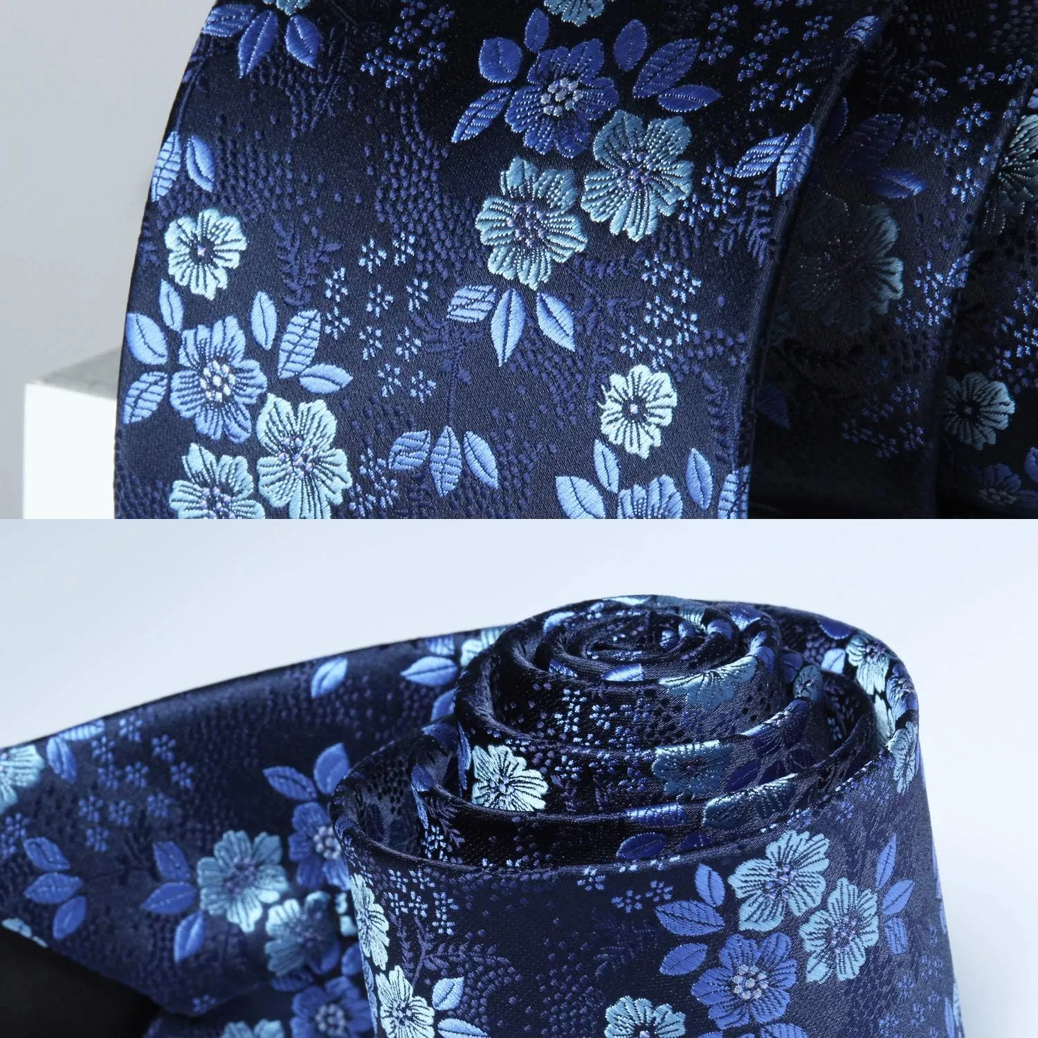HISDERN Extra Long Ties for Men Classic Floral Tie and Pocket Square Elegant Silk Necktie Handkerchief Set Wedding Party