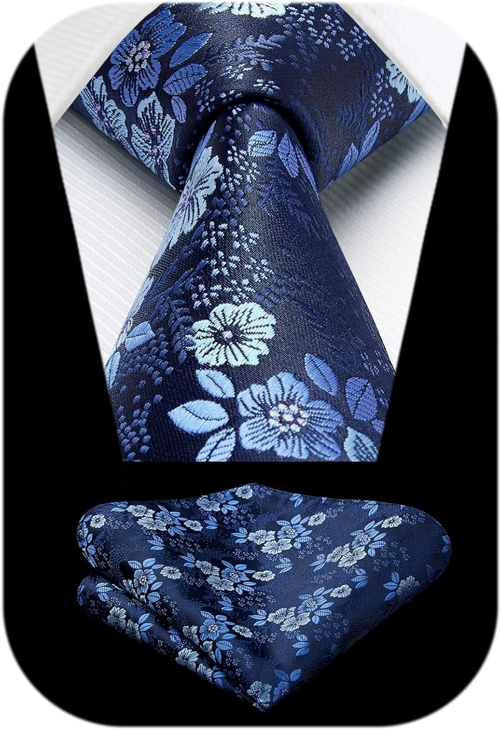 HISDERN Extra Long Ties for Men Classic Floral Tie and Pocket Square Elegant Silk Necktie Handkerchief Set Wedding Party