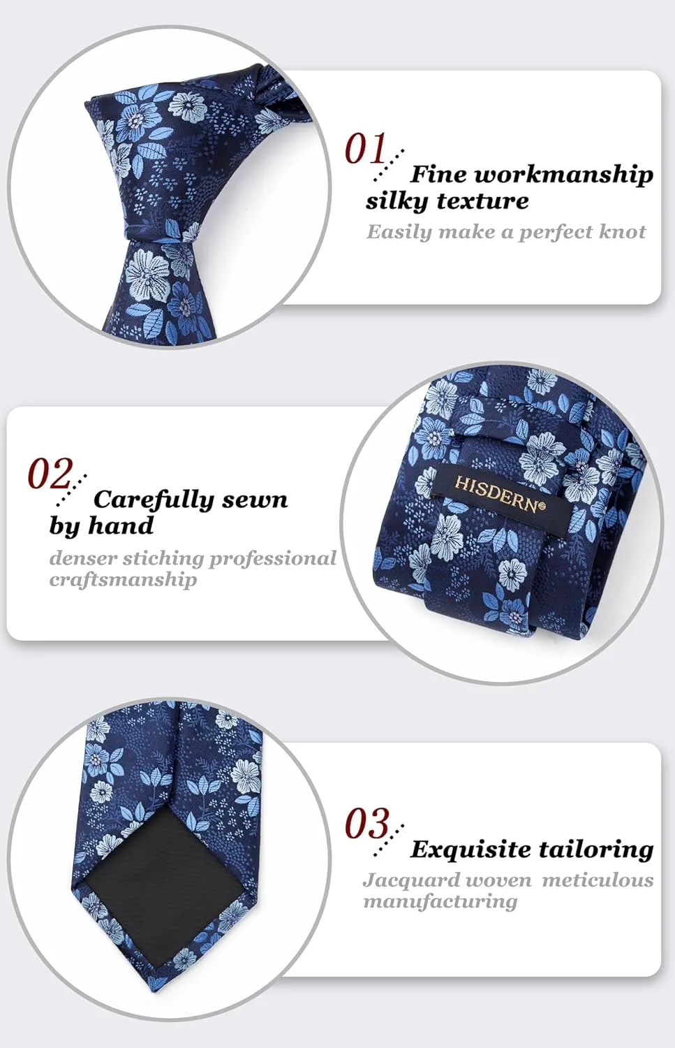 HISDERN Extra Long Ties for Men Classic Floral Tie and Pocket Square Elegant Silk Necktie Handkerchief Set Wedding Party