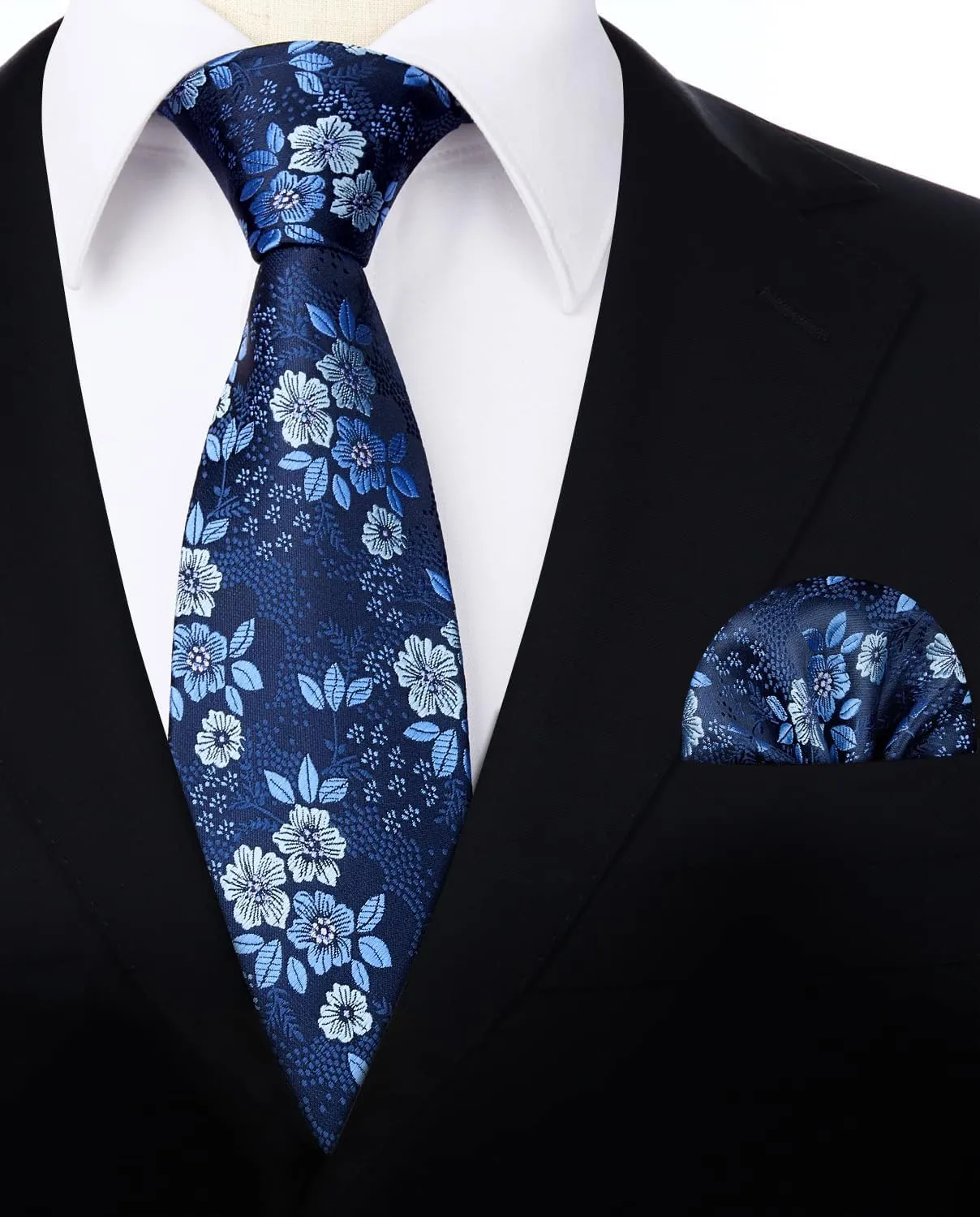 HISDERN Extra Long Ties for Men Classic Floral Tie and Pocket Square Elegant Silk Necktie Handkerchief Set Wedding Party