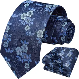 HISDERN Extra Long Ties for Men Classic Floral Tie and Pocket Square Elegant Silk Necktie Handkerchief Set Wedding Party