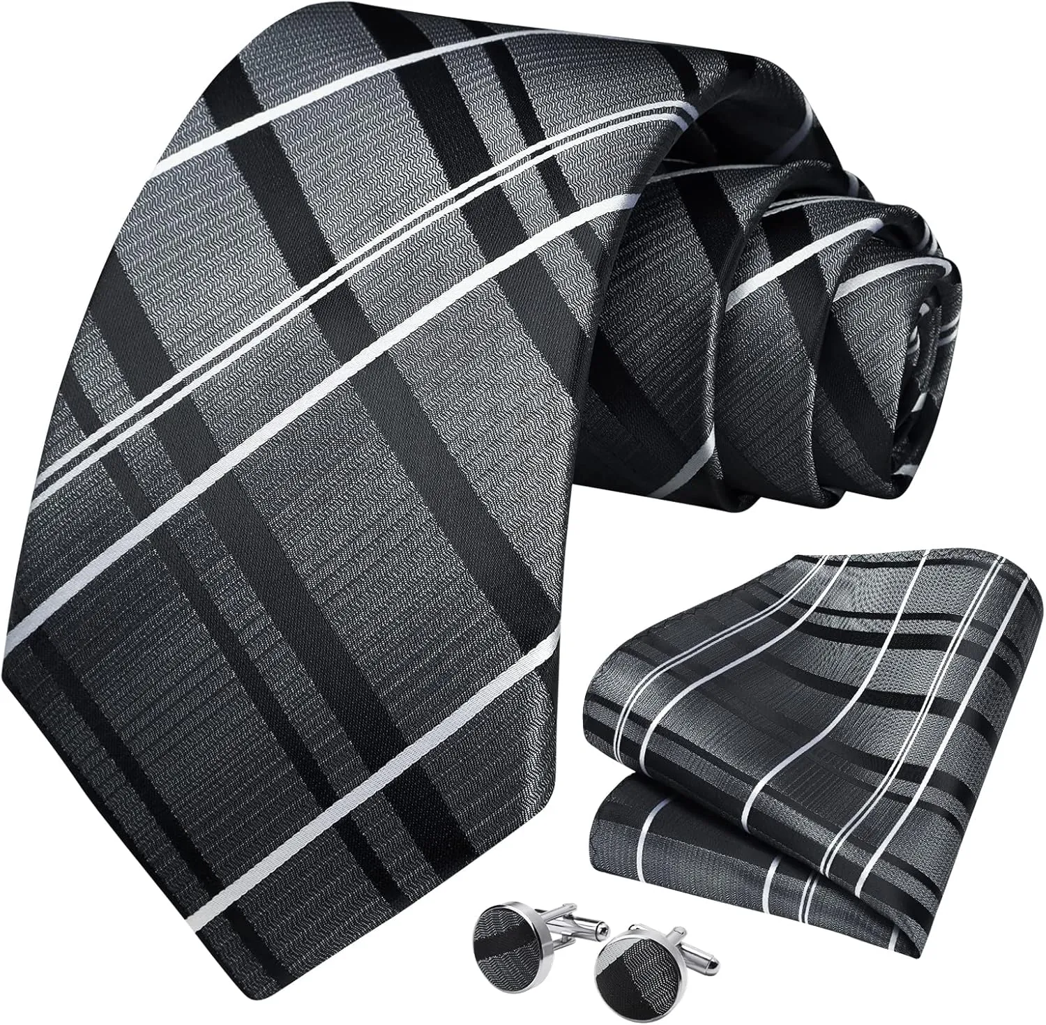 HISDERN Mens Ties Set Stripe Plaid Ties for Men and Pocket Square Cufflinks Formal Silk Necktie Wedding Business