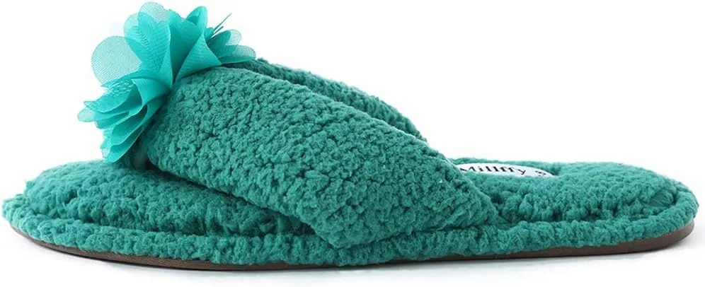 Millffy Plush Cozy Faux Shearling Thong Slide On Sherpa Womens Flip-Flops Slippers with Flowers