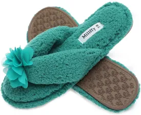 Millffy Plush Cozy Faux Shearling Thong Slide On Sherpa Womens Flip-Flops Slippers with Flowers