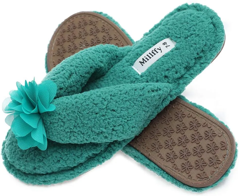 Millffy Plush Cozy Faux Shearling Thong Slide On Sherpa Womens Flip-Flops Slippers with Flowers