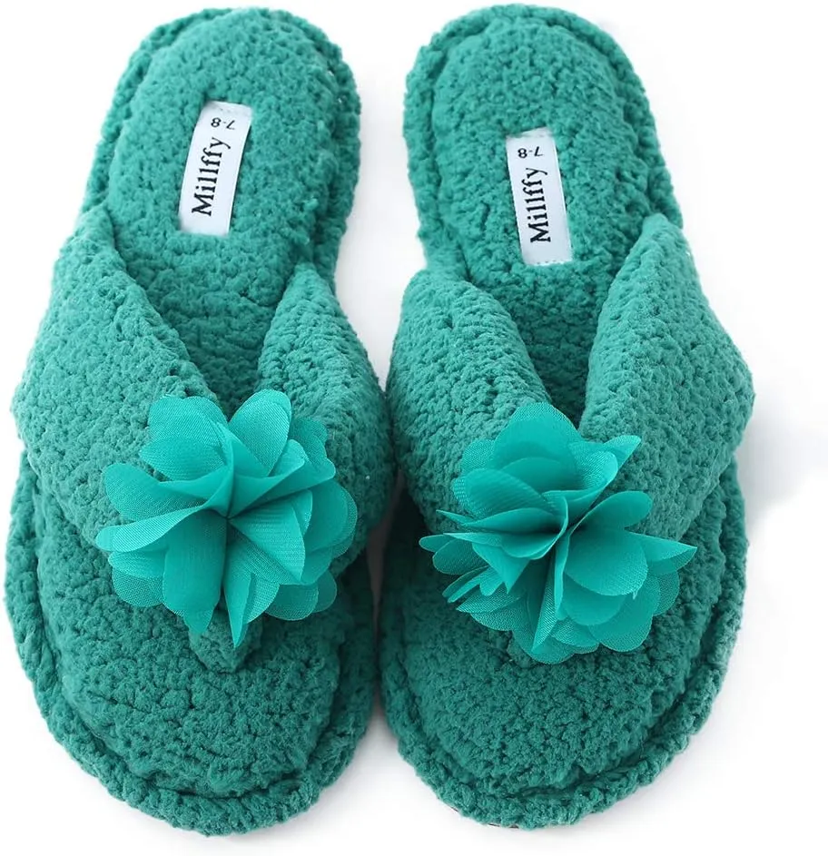 Millffy Plush Cozy Faux Shearling Thong Slide On Sherpa Womens Flip-Flops Slippers with Flowers