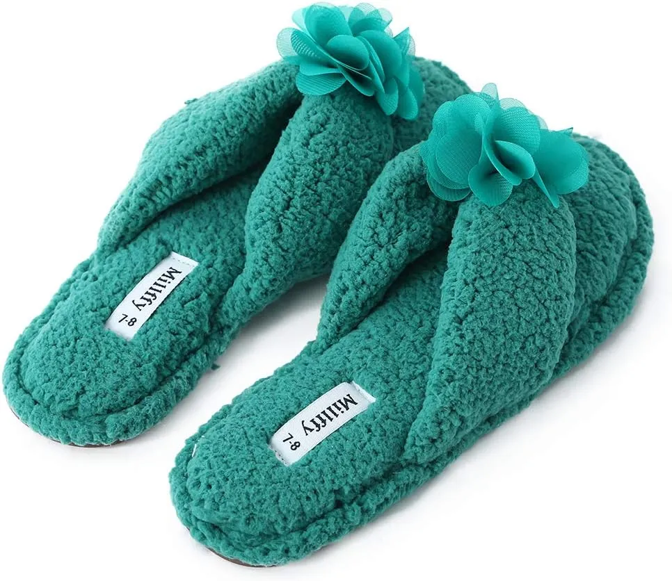 Millffy Plush Cozy Faux Shearling Thong Slide On Sherpa Womens Flip-Flops Slippers with Flowers