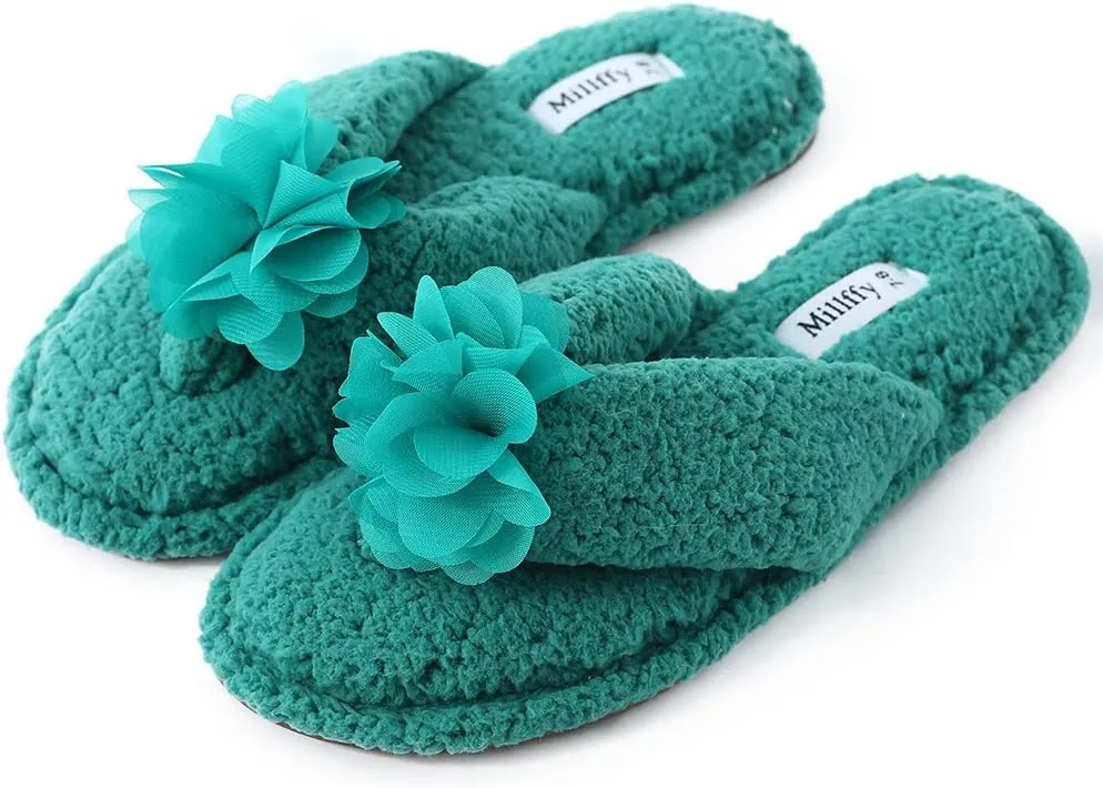 Millffy Plush Cozy Faux Shearling Thong Slide On Sherpa Womens Flip-Flops Slippers with Flowers