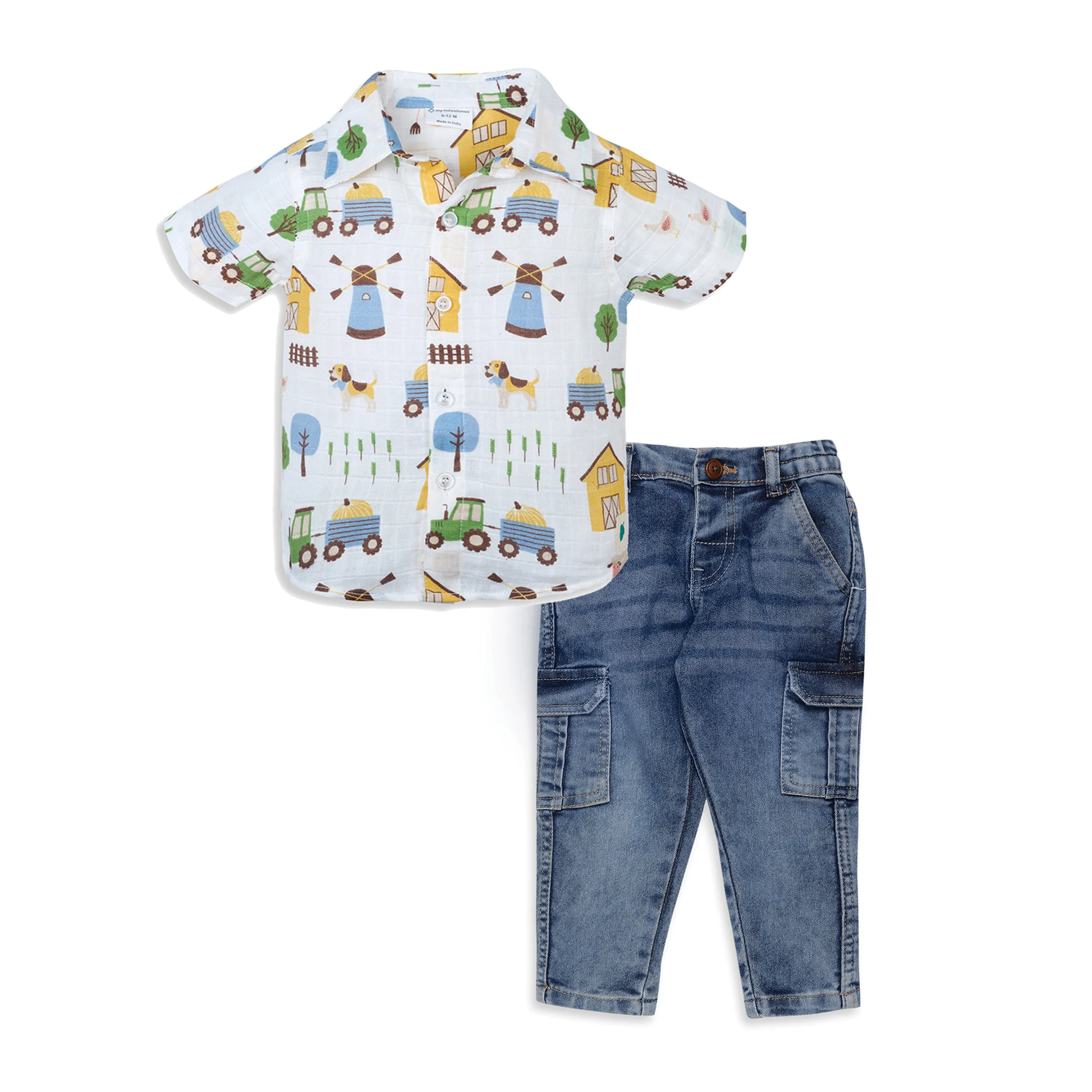 My Milestones Short Sleeves Front Open Soft Muslin Shirt with Barnyard Print and Pure Cotton Denims Set - White & Denim