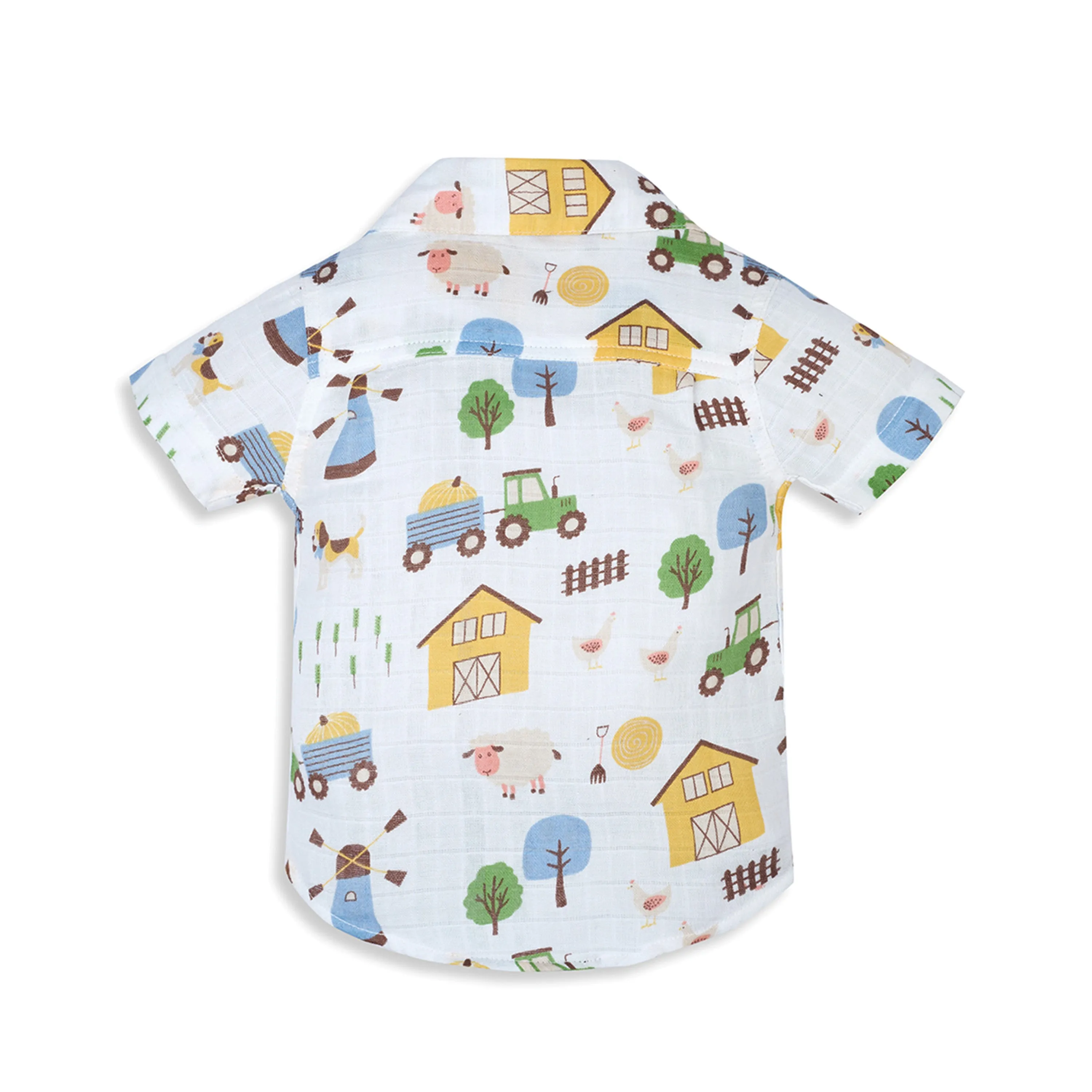 My Milestones Short Sleeves Front Open Soft Muslin Shirt with Barnyard Print and Pure Cotton Denims Set - White & Denim