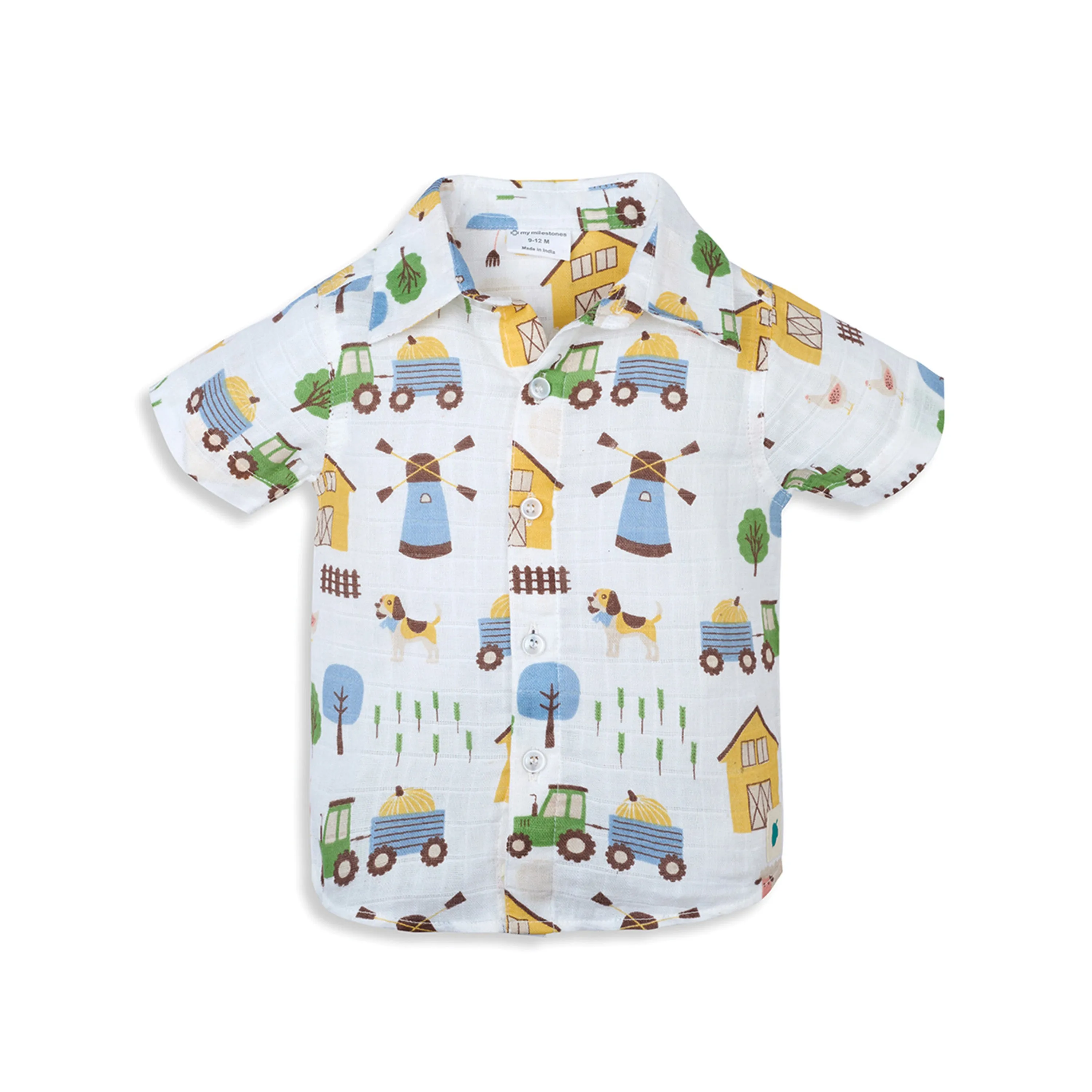 My Milestones Short Sleeves Front Open Soft Muslin Shirt with Barnyard Print and Pure Cotton Denims Set - White & Denim
