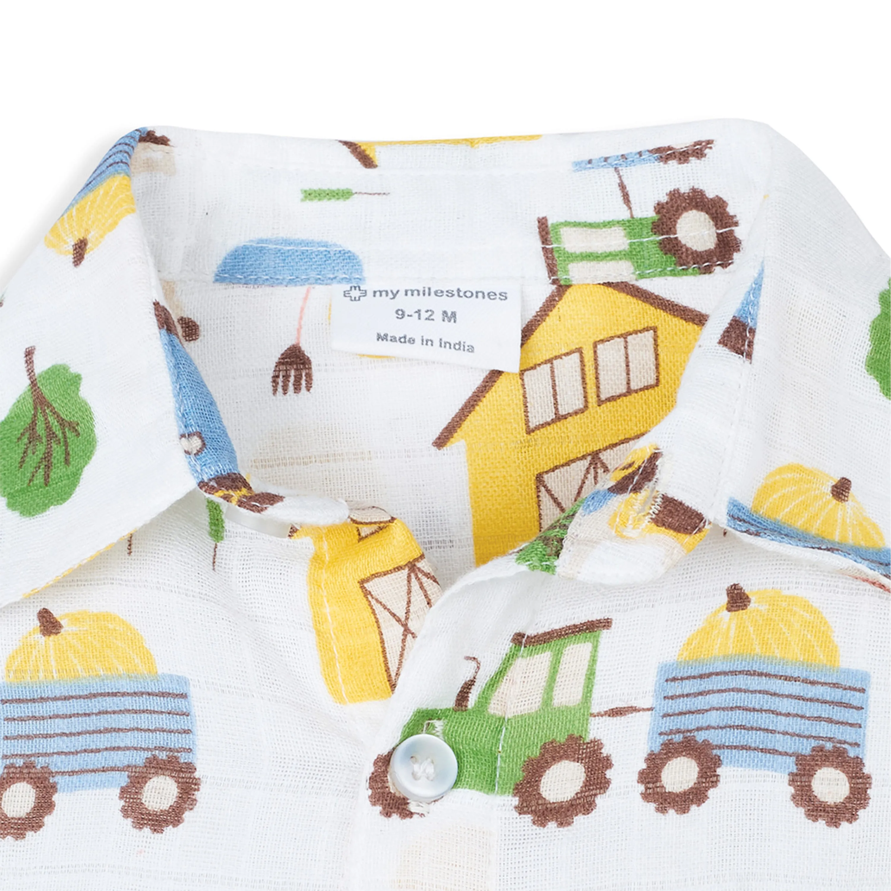 My Milestones Short Sleeves Front Open Soft Muslin Shirt with Barnyard Print and Pure Cotton Denims Set - White & Denim