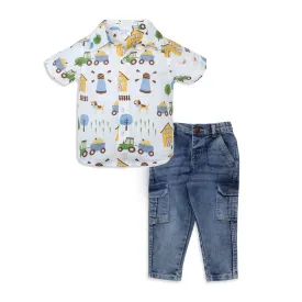 My Milestones Short Sleeves Front Open Soft Muslin Shirt with Barnyard Print and Pure Cotton Denims Set - White & Denim
