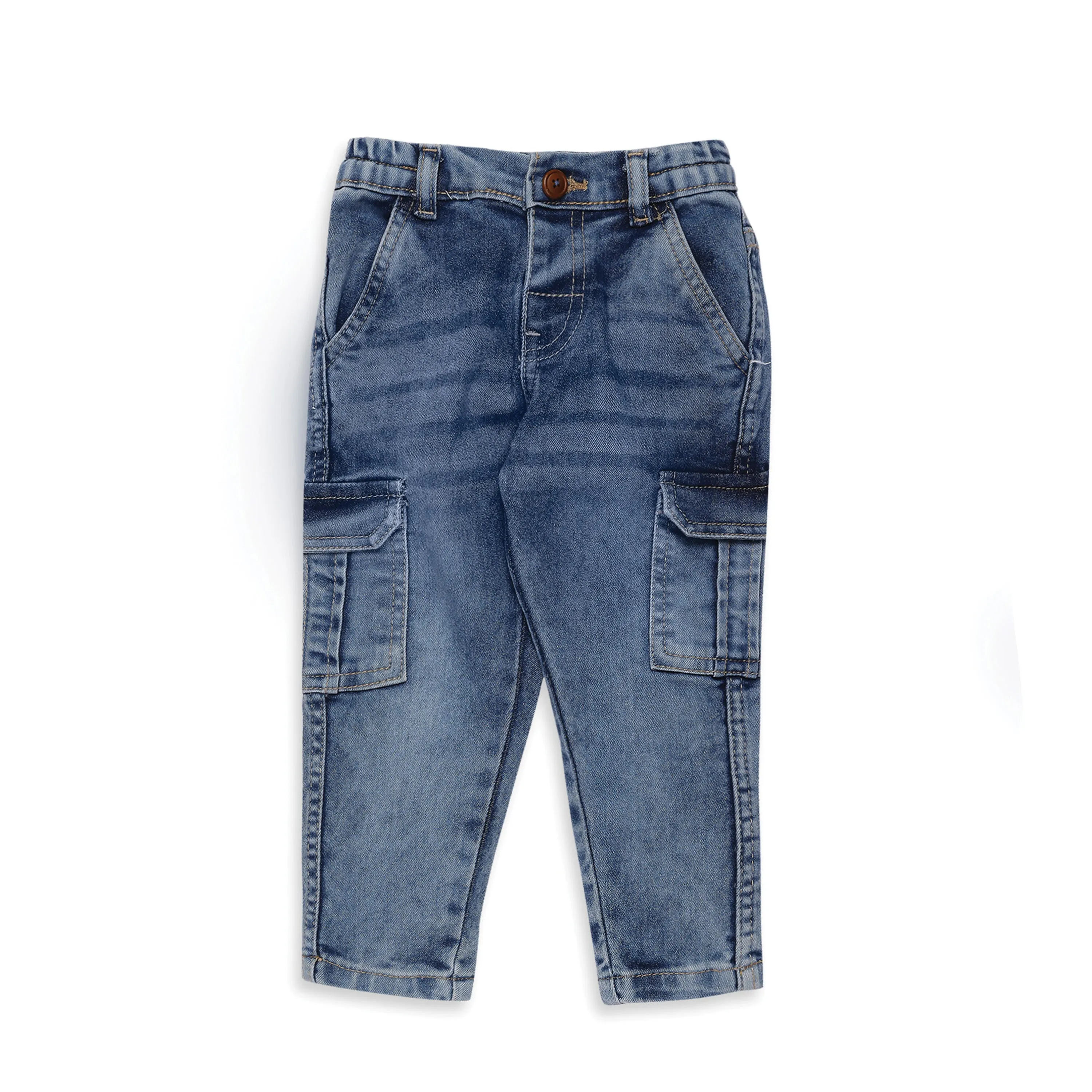 My Milestones Short Sleeves Front Open Soft Muslin Shirt with Barnyard Print and Pure Cotton Denims Set - White & Denim