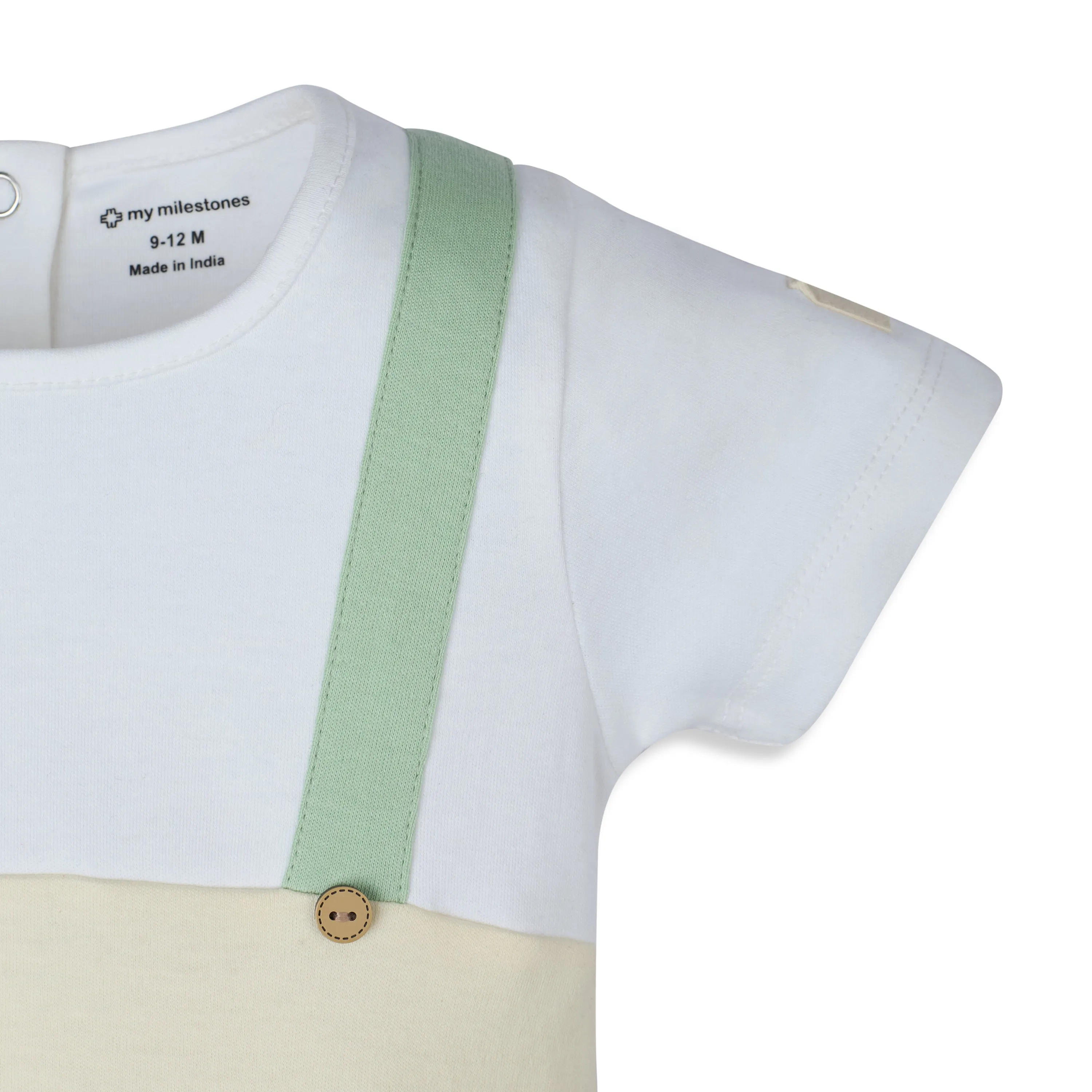 My Milestones Short Sleeves Romper With Color Block Details And Cute Animal Print - White & Ecru