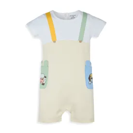 My Milestones Short Sleeves Romper With Color Block Details And Cute Animal Print - White & Ecru