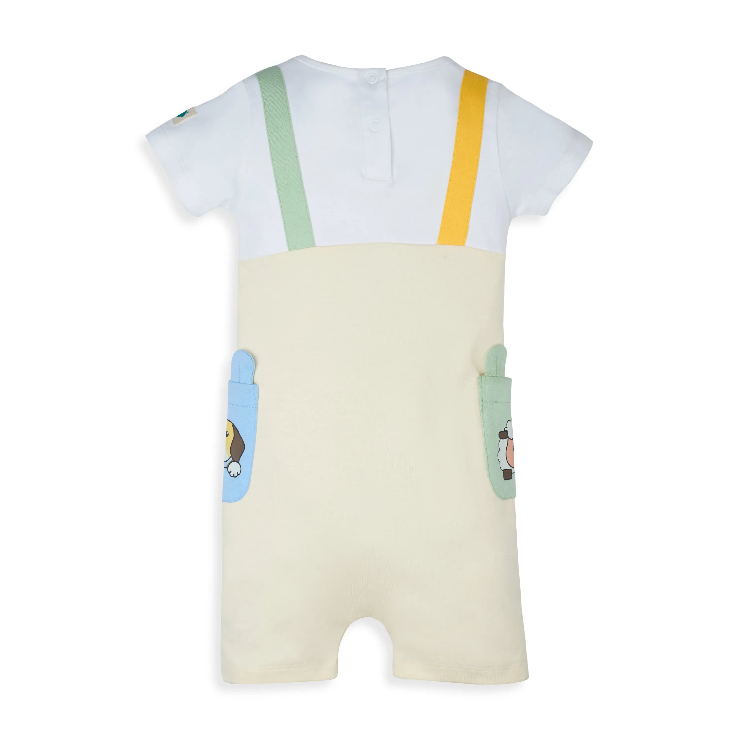 My Milestones Short Sleeves Romper With Color Block Details And Cute Animal Print - White & Ecru