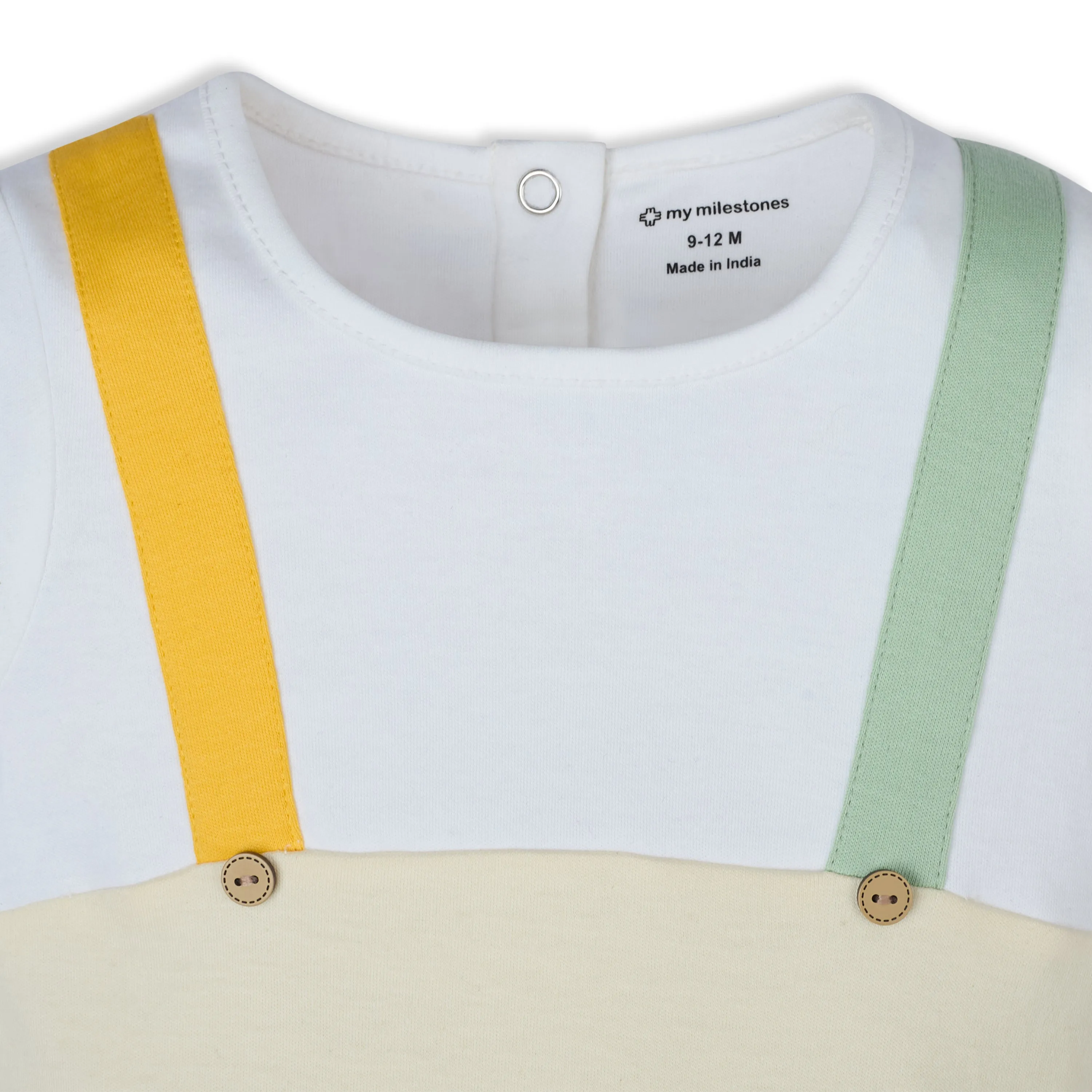 My Milestones Short Sleeves Romper With Color Block Details And Cute Animal Print - White & Ecru