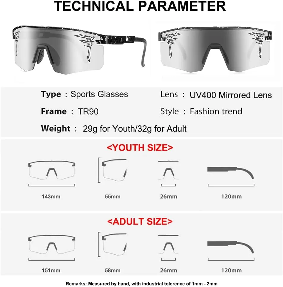 Two Sizes Baseball Sunglasses For Adults and Youth Boys Girls Kids UV400 Men Women Outdoor Sports Sun Glasses